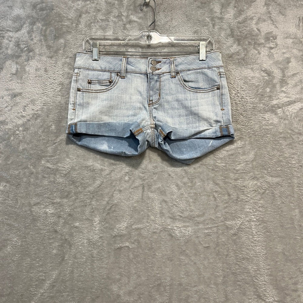 SO Jean Booty Shorts Womens 5 Blue Denim Cuffed Low Rise Double Button Stretch